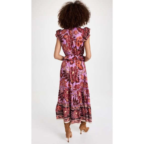 Farm Rio XL Sweet Floral Midi Dress Lilac Purple Belted Ruffles Tiered New $255 - Picture 2 of 7
